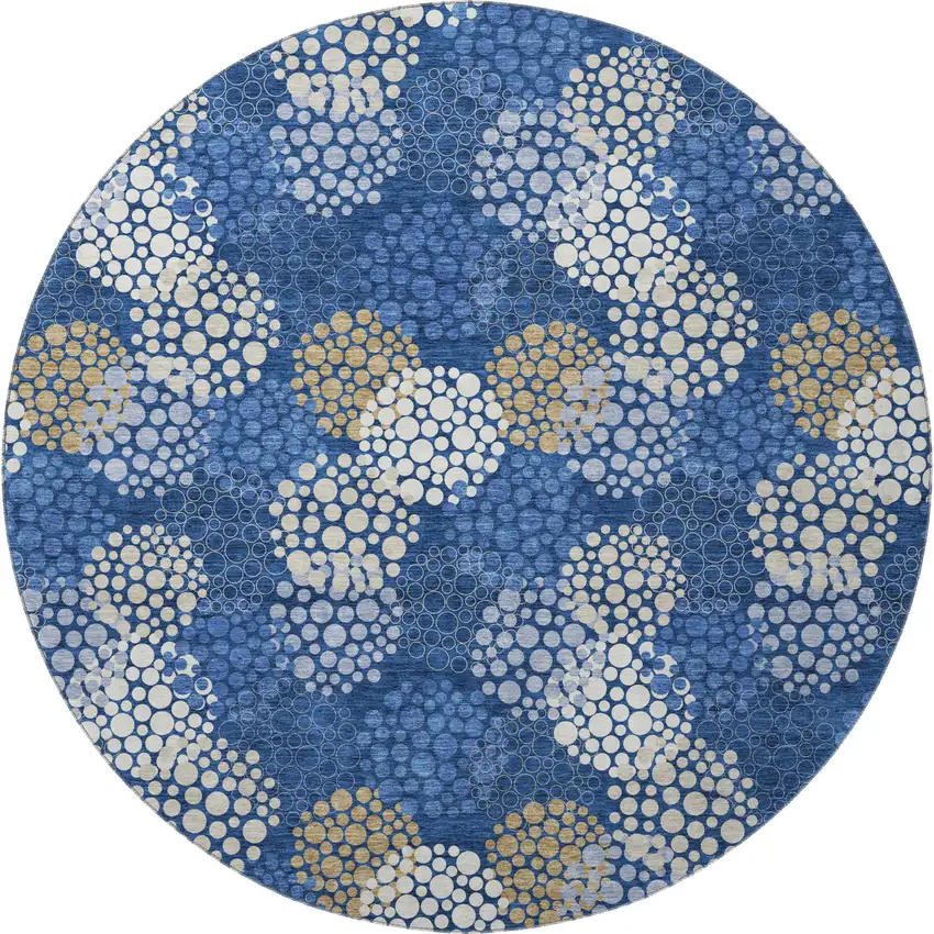 8' Navy Blue Ivory And Beige Polka Dot Washable Round Rug With UV Protection Photo 4