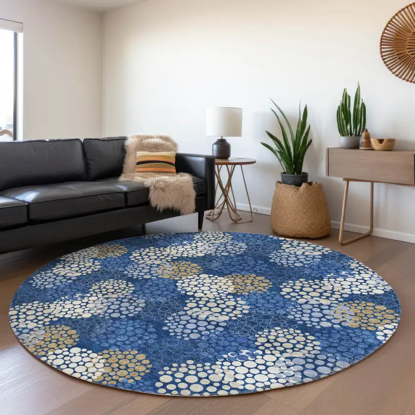 8' Navy Blue Ivory And Beige Polka Dot Washable Round Rug With UV Protection Photo 5
