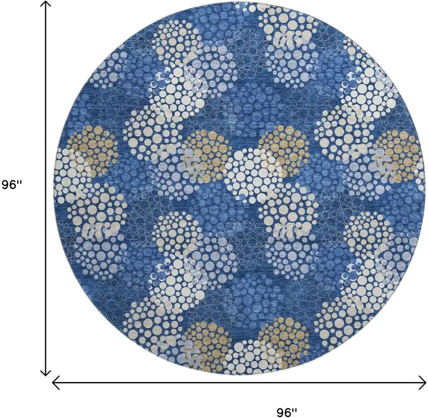 8' Navy Blue Ivory And Beige Polka Dot Washable Round Rug With UV Protection Photo 3