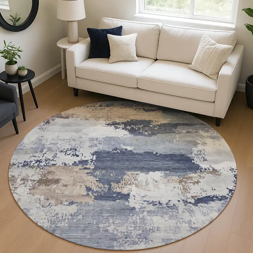 8' Navy Blue Ivory And Beige Round Abstract Washable Indoor Outdoor Area Rug Photo 5