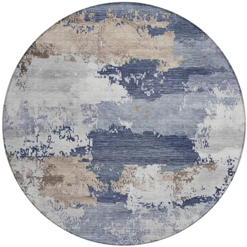 8' Navy Blue Ivory And Beige Round Abstract Washable Indoor Outdoor Area Rug Photo 3