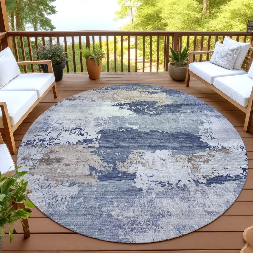 8' Navy Blue Ivory And Beige Round Abstract Washable Indoor Outdoor Area Rug Photo 4
