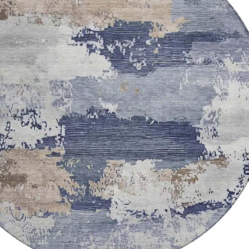 8' Navy Blue Ivory And Beige Round Abstract Washable Indoor Outdoor Area Rug Photo 2