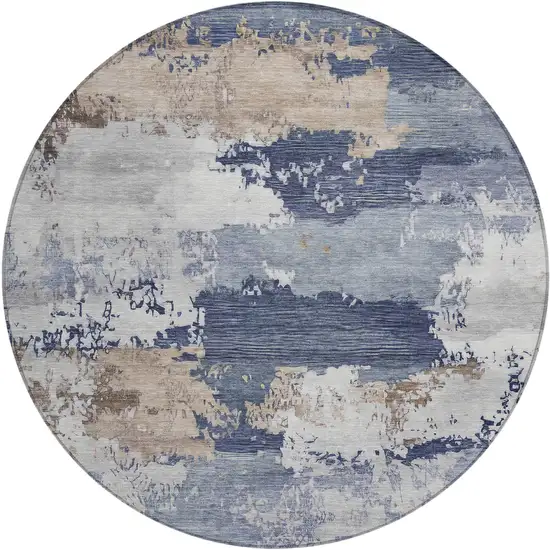 8' Navy Blue Ivory And Beige Round Abstract Washable Indoor Outdoor Area Rug Photo 1
