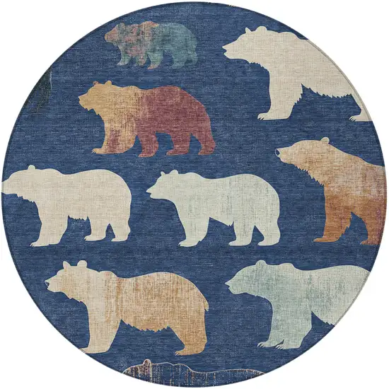 8' Navy Blue Ivory And Beige Round Animal Print Washable Indoor Outdoor Area Rug Photo 5