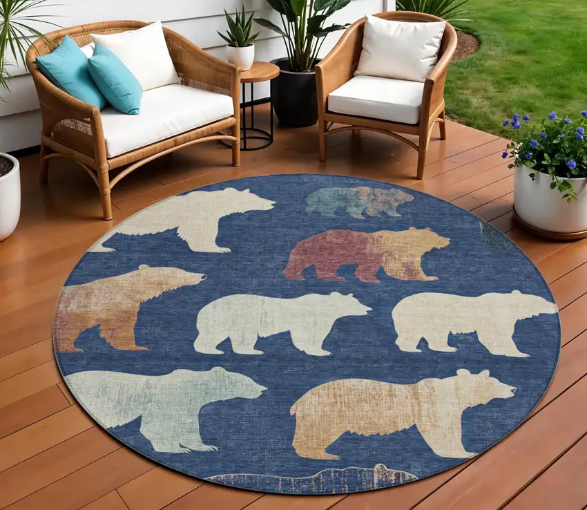 8' Navy Blue Ivory And Beige Round Animal Print Washable Indoor Outdoor Area Rug Photo 1