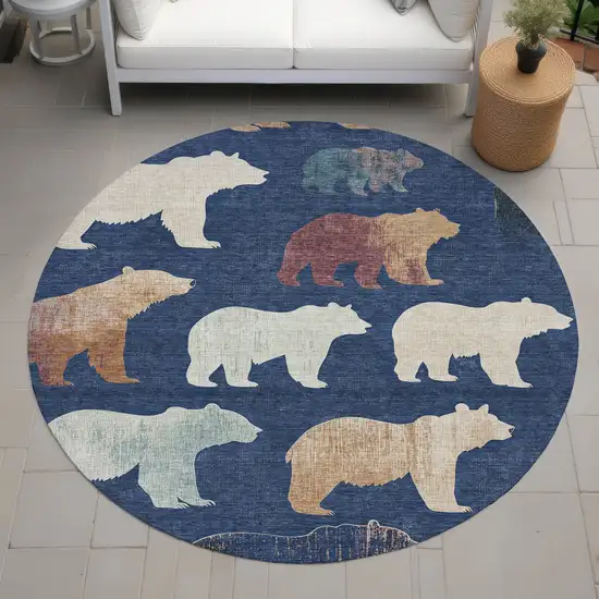 8' Navy Blue Ivory And Beige Round Animal Print Washable Indoor Outdoor Area Rug Photo 8