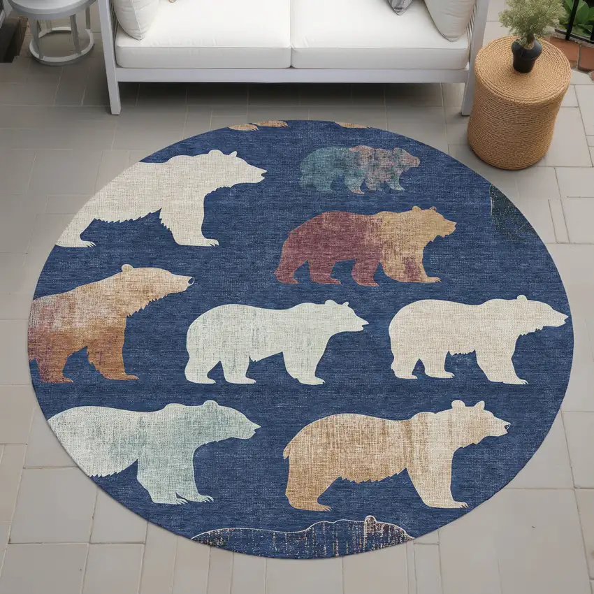 8' Navy Blue Ivory And Beige Round Animal Print Washable Indoor Outdoor Area Rug Photo 8
