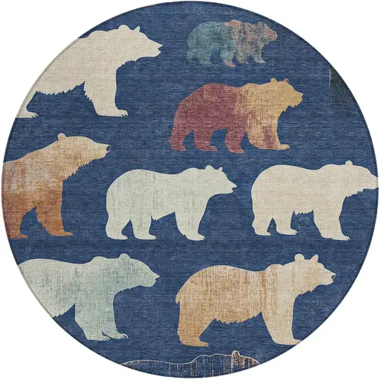 8' Navy Blue Ivory And Beige Round Animal Print Washable Indoor Outdoor Area Rug Photo 2