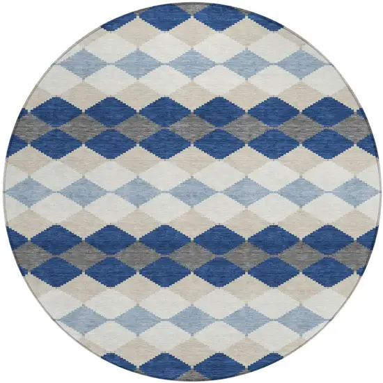 8' Navy Blue Ivory And Beige Round Geometric Washable Indoor Outdoor Area Rug Photo 2
