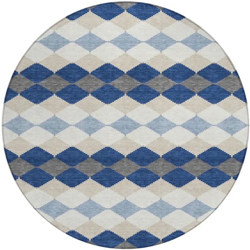 8' Navy Blue Ivory And Beige Round Geometric Washable Indoor Outdoor Area Rug Photo 2