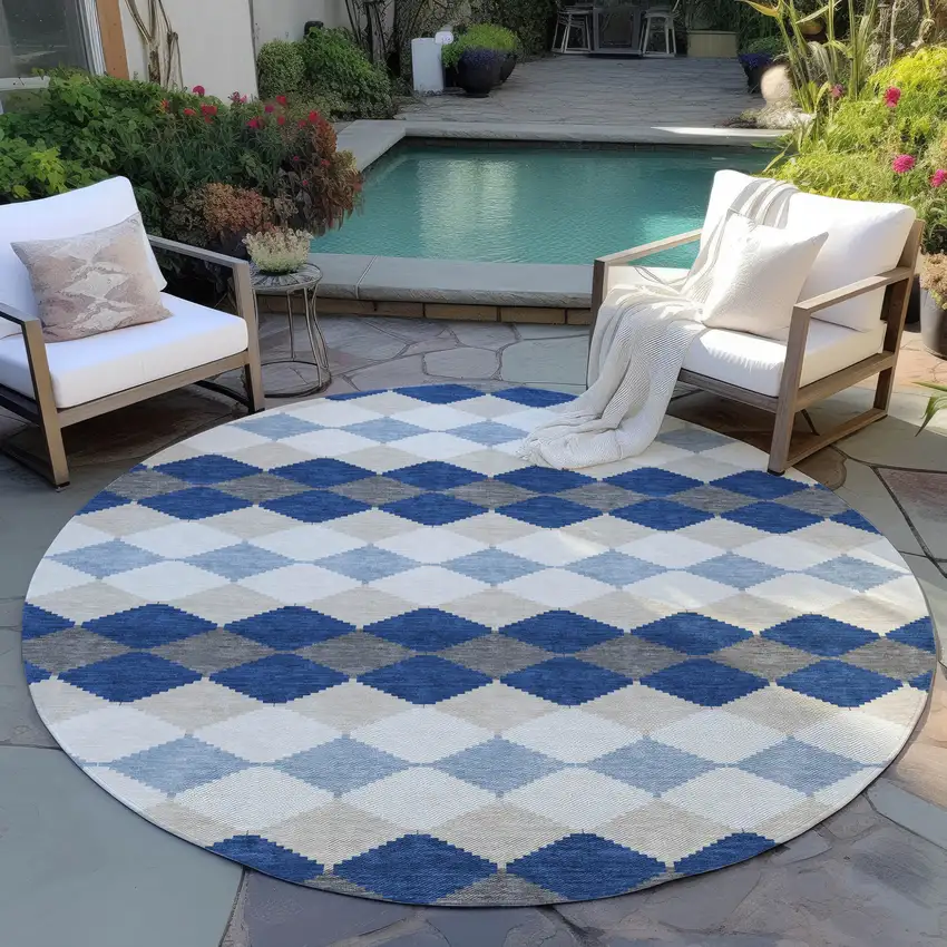 8' Navy Blue Ivory And Beige Round Geometric Washable Indoor Outdoor Area Rug Photo 7