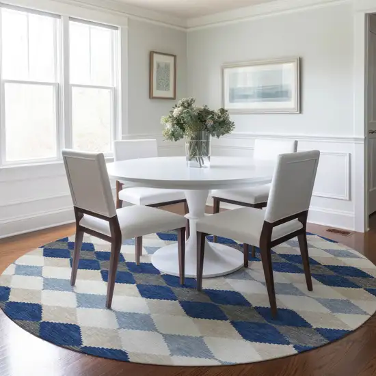 8' Navy Blue Ivory And Beige Round Geometric Washable Indoor Outdoor Area Rug Photo 8