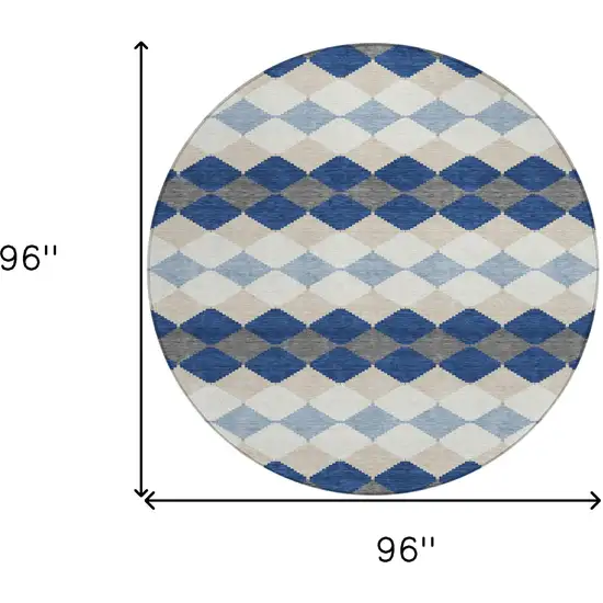 8' Navy Blue Ivory And Beige Round Geometric Washable Indoor Outdoor Area Rug Photo 3