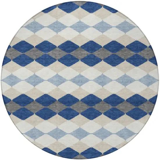8' Navy Blue Ivory And Beige Round Geometric Washable Indoor Outdoor Area Rug Photo 6