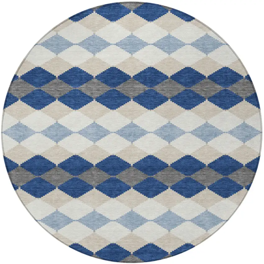 8' Navy Blue Ivory And Beige Round Geometric Washable Indoor Outdoor Area Rug Photo 6