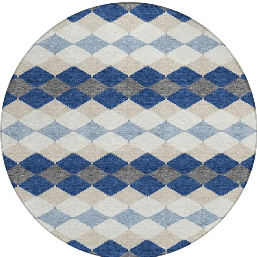 8' Navy Blue Ivory And Beige Round Geometric Washable Indoor Outdoor Area Rug Photo 5