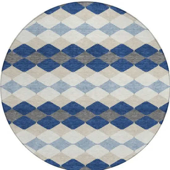 8' Navy Blue Ivory And Beige Round Geometric Washable Indoor Outdoor Area Rug Photo 5