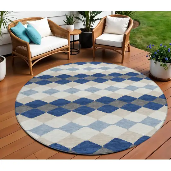 8' Navy Blue Ivory And Beige Round Geometric Washable Indoor Outdoor Area Rug Photo 1