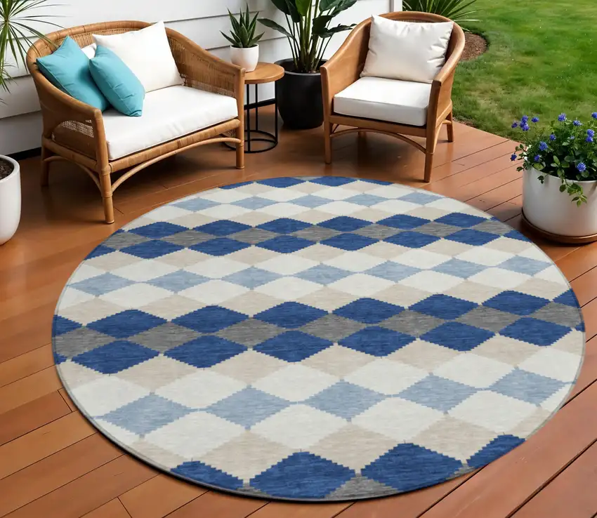 8' Navy Blue Ivory And Beige Round Geometric Washable Indoor Outdoor Area Rug Photo 1