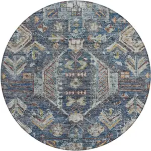 Photo of 8' Navy Blue Ivory And Beige Round Medallion Washable Indoor Outdoor Area Rug