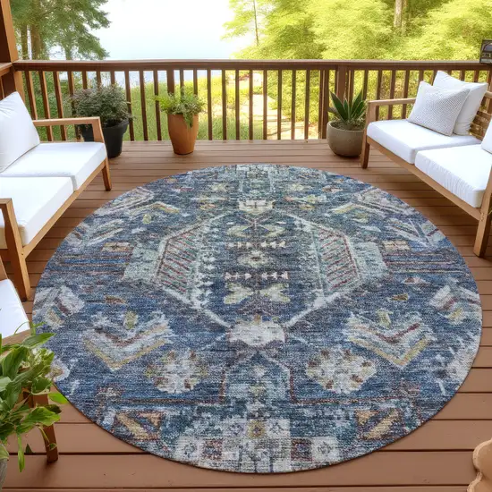 8' Navy Blue Ivory And Beige Round Medallion Washable Indoor Outdoor Area Rug Photo 4