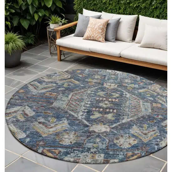8' Navy Blue Ivory And Beige Round Medallion Washable Indoor Outdoor Area Rug Photo 1