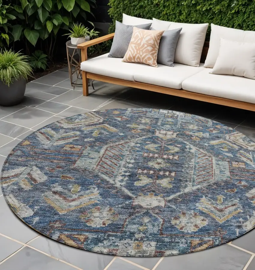 8' Navy Blue Ivory And Beige Round Medallion Washable Indoor Outdoor Area Rug Photo 1