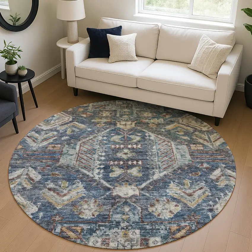 8' Navy Blue Ivory And Beige Round Medallion Washable Indoor Outdoor Area Rug Photo 5