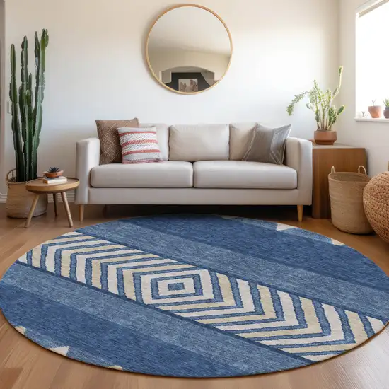 8' Navy Blue Ivory And Beige Southwestern Washable Round Rug With UV Protection Photo 4