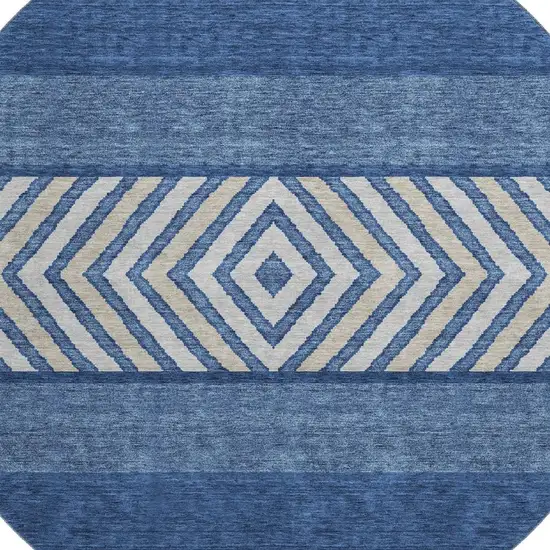 8' Navy Blue Ivory And Beige Southwestern Washable Round Rug With UV Protection Photo 2