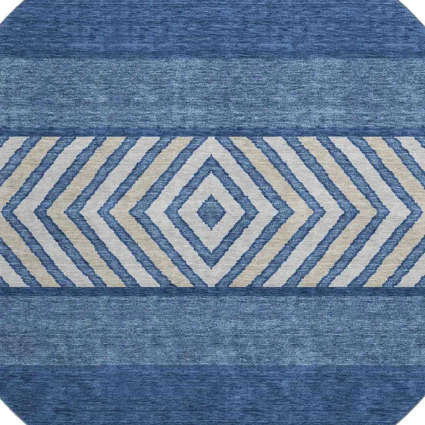 8' Navy Blue Ivory And Beige Southwestern Washable Round Rug With UV Protection Photo 2