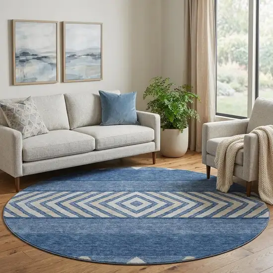 8' Navy Blue Ivory And Beige Southwestern Washable Round Rug With UV Protection Photo 1