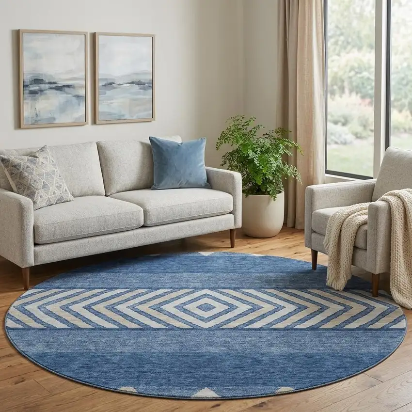8' Navy Blue Ivory And Beige Southwestern Washable Round Rug With UV Protection Photo 1
