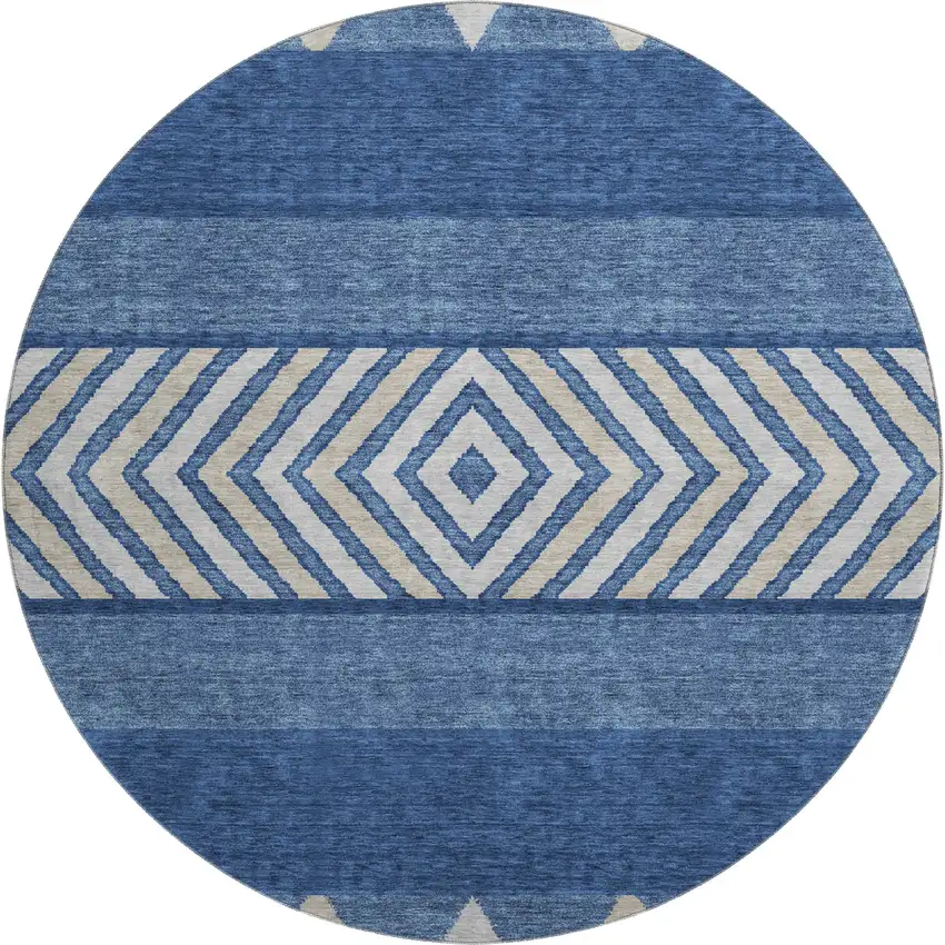 8' Navy Blue Ivory And Beige Southwestern Washable Round Rug With UV Protection Photo 1