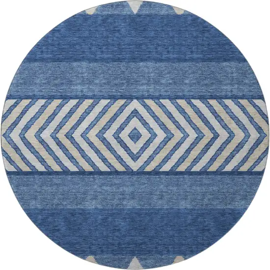 8' Navy Blue Ivory And Beige Southwestern Washable Round Rug With UV Protection Photo 3
