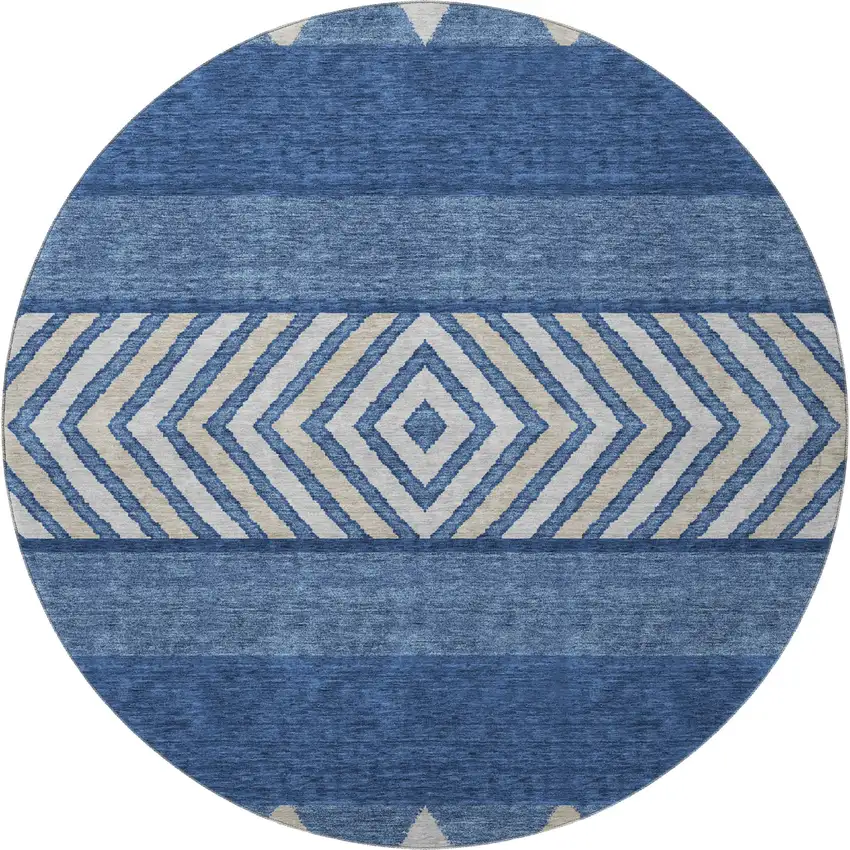 8' Navy Blue Ivory And Beige Southwestern Washable Round Rug With UV Protection Photo 3