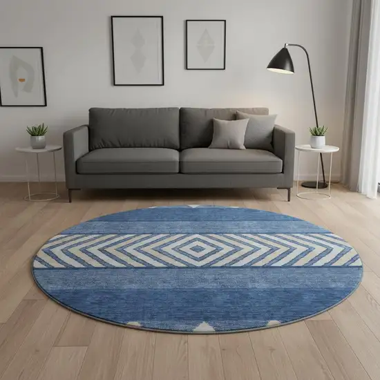 8' Navy Blue Ivory And Beige Southwestern Washable Round Rug With UV Protection Photo 2