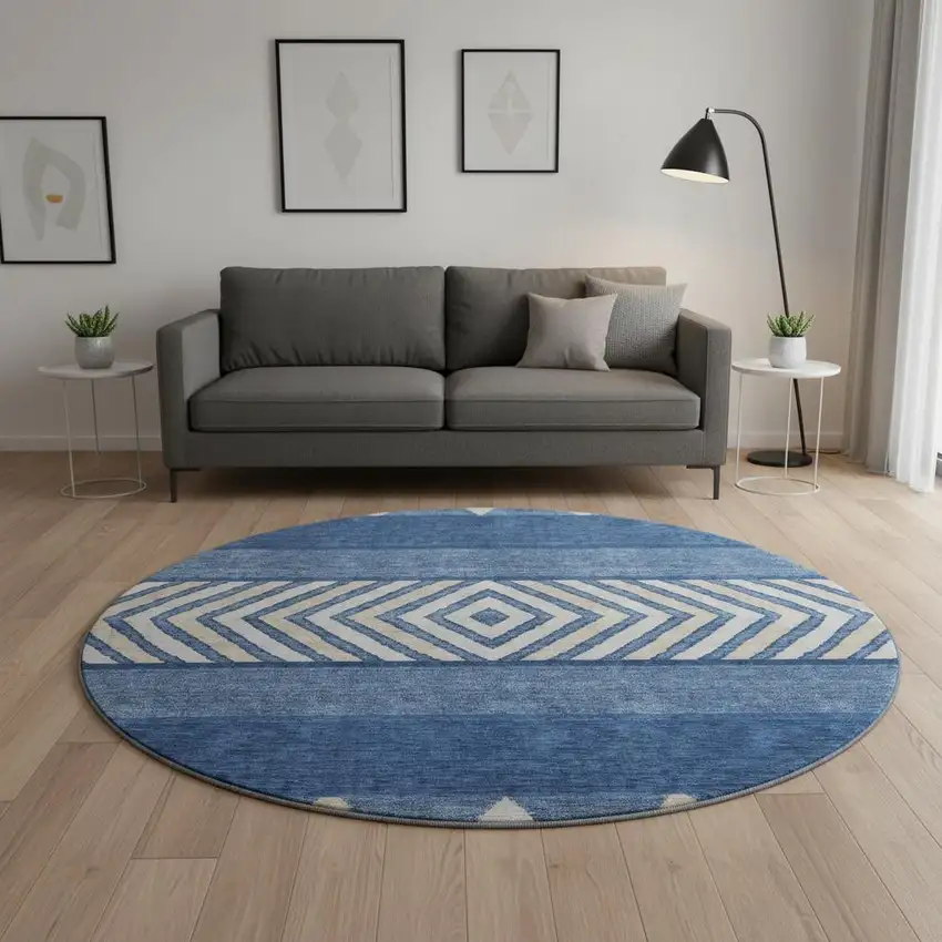 8' Navy Blue Ivory And Beige Southwestern Washable Round Rug With UV Protection Photo 2