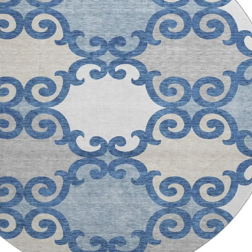 8' Navy Blue Ivory And Beige Trellis Washable Round Rug With UV Protection Photo 3