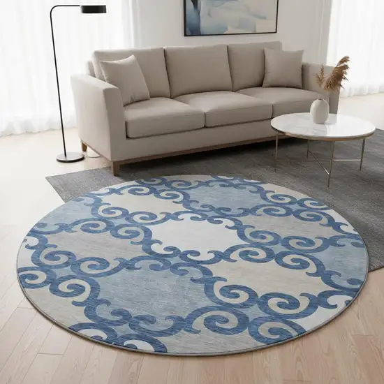 8' Navy Blue Ivory And Beige Trellis Washable Round Rug With UV Protection Photo 2