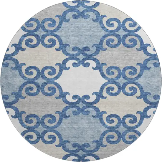 8' Navy Blue Ivory And Beige Trellis Washable Round Rug With UV Protection Photo 1