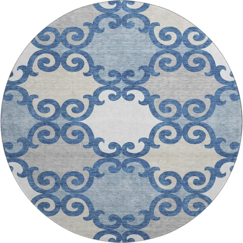 8' Navy Blue Ivory And Beige Trellis Washable Round Rug With UV Protection Photo 1