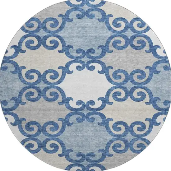 8' Navy Blue Ivory And Beige Trellis Washable Round Rug With UV Protection Photo 4