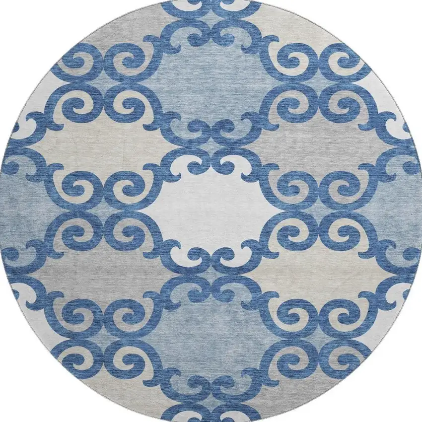 8' Navy Blue Ivory And Beige Trellis Washable Round Rug With UV Protection Photo 4