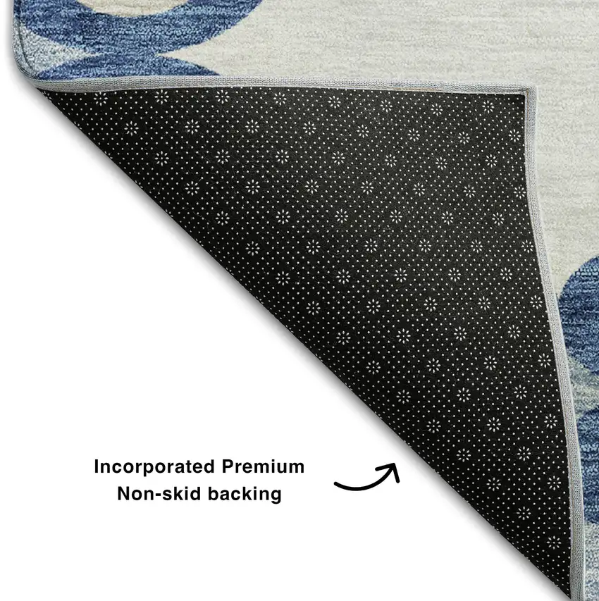 8' Navy Blue Ivory And Beige Trellis Washable Round Rug With UV Protection Photo 6