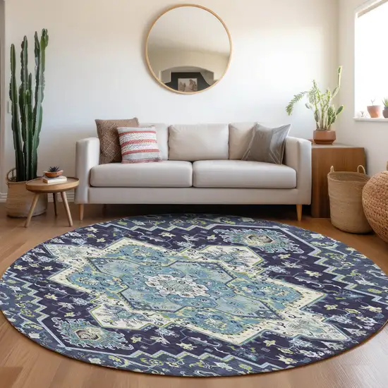 8' Navy Blue Ivory And Black Round Oriental Washable Indoor Outdoor Area Rug Photo 8