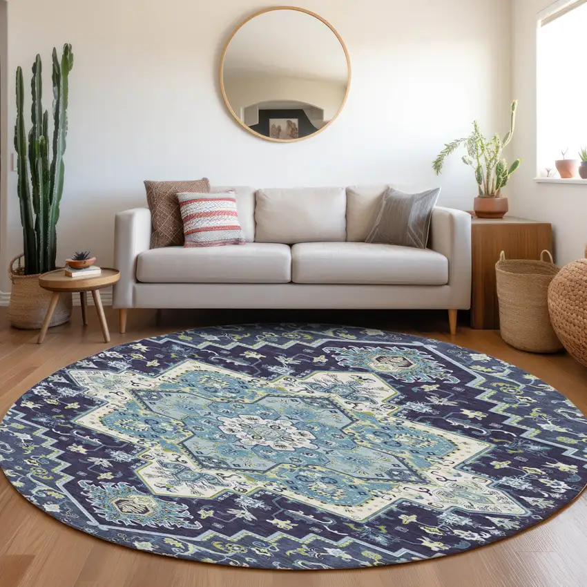 8' Navy Blue Ivory And Black Round Oriental Washable Indoor Outdoor Area Rug Photo 8