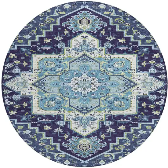 8' Navy Blue Ivory And Black Round Oriental Washable Indoor Outdoor Area Rug Photo 5