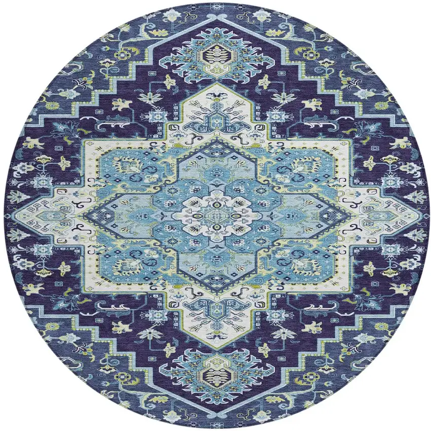 8' Navy Blue Ivory And Black Round Oriental Washable Indoor Outdoor Area Rug Photo 5